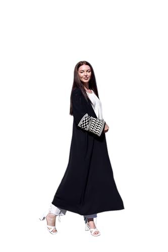 Image of HUSN Serenity Black Robe Open-Front Abaya - Duster Cardigan with Golden Embroidered Sleeves - Womens Duster for Modest Women