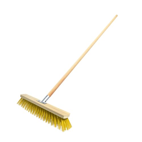 Heavy Duty Garden Broom with Handle, Outdoor 12″ Synthetic Hard Bristle Sweeping Brush with Metal Bracket for Cleaning Gardens, Yards, Patios, Deckings, Driveways (Yellow)