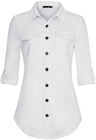 DJT Womens Soft Stretchy Knit Plaid Shirts Roll Up Long Sleeve Co...