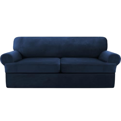 T-Shape Cushion Sofa Cover, 3 Piece Velvet Couch Cover for 2 Cushion Couch Loveseat Cover with 2 Individual T-Shape Cushion Covers Stretch Furniture Protector-Navy Blue-2 Cushion Sofa