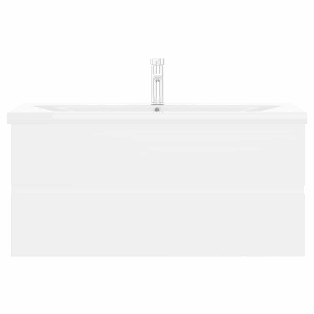 Armario para lavabo de madera blanco con lavabo empotrado, 100 x 38,5 x 45 cm, 1 cajón, espacio de almacenamiento para baño y aseo de invitados, diseño moderno, con grifo y rebosadero