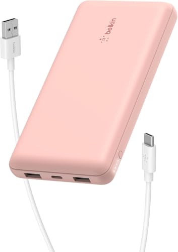 Belkin batería externa portátil de 10000mAh, cargador externo USB-C con 1 puerto USB-C y 2 puertos USB-A, power bank de 15 W, batería portátil para iPhone, Galaxy, Pixel, AirPods, iPad, mas - rosa oro