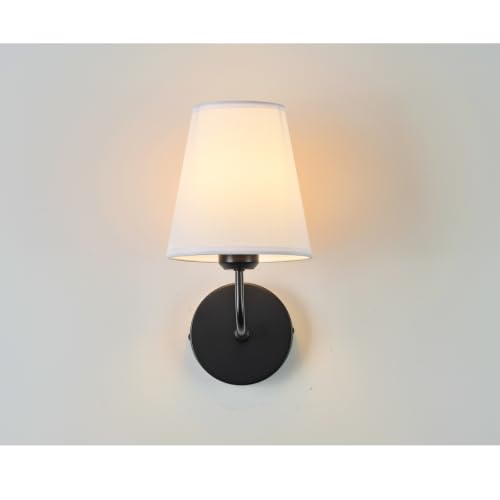 Image of Hardwired Wall Sconces Set of 2,Black Finish with White Fabric Shades,Small Indoor Wall Decor Lamp for Living Room Bedroom Bathroom
