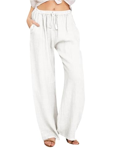 Women's Linen Cropped Pants Wide Leg Palazzo Capris with Drawstring Waist Pockets Summer Lounge Trousers