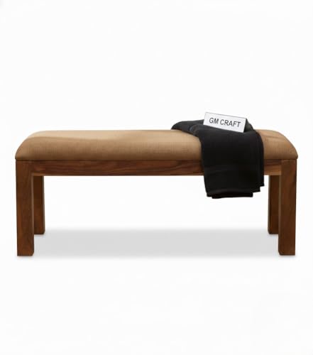Image of Sheesham Wooden Bench for Living Room with Cushion Seating - Dining Bench for Sitting - 3 Seater Upholstered Benches for Home & Office Indoor /Outdoor Table for Balcony (Design 11)