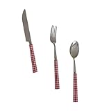 FONDOTIN Französischer Stil Rotes Karomuster Besteck Teilig Keramikgriff Messer Löffel Ergonomisch Western Food Tischbesteck für Steak Pizza Bbq Kuchen
