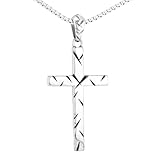 OAKKY Unisex Edelstahl Geometrisch Gravierter Kreuz Anhänger Halskette mit Diagonalen Linienmuster und Antik Finish Einzigartiger Religiöser Amulett Schmuck Silber