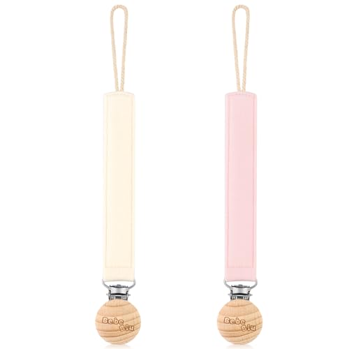Image of BebeBiu Baby Pacifier Clip, 2 Pack Fabric Pacifier Clips, Super Soft Fabric Strap with Wooden Clip, Pacifier Clips for Baby Girl & Boy (Cream/Blush)