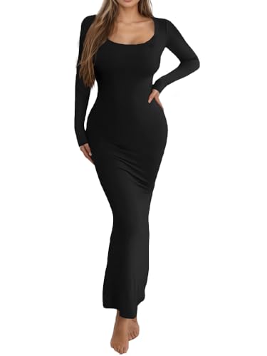 HBQ Women's Bodycon Maxi Dress Long Sleeve Square Neck Lounge Dresses Sexy Night Out Party Dress-Black-L
