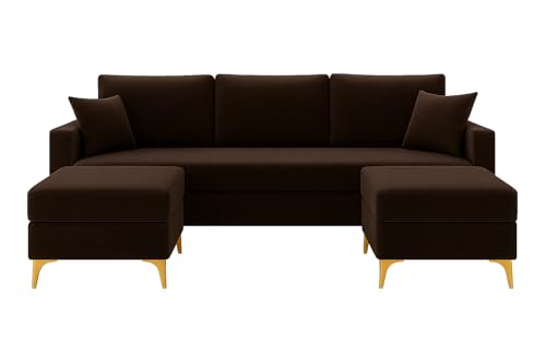 Image of SOCOZI Bravelle 5 Seater L Shape Sofa Set with 2 Movable Ottomans | Flexible Layout| Soft Velvet Suede Fabric|Modern Sofa | Plush Comfort Cushions for Living Room (Dark Brown)