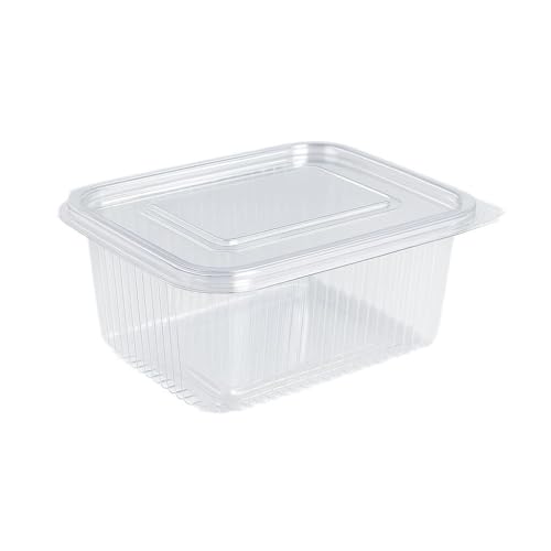 Inoverse 100x Rechteckbecher mit anhängendem Deckel – 500 ml – Klare Eckig Salatbecher aus PET, Plastikbehälter, Feinkostbecher, Verpackungsbecher für Lebensmittel