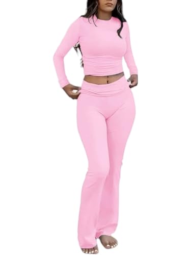AYWA Womens 2 Piece Outfits Foldover Flare Pants Long Sleeve Crew Neck T-shirt Fitted Pajama Sets (Light Pink Small)