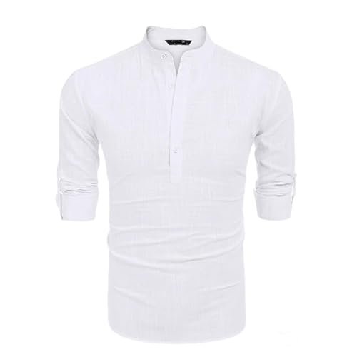 Men's Summer Loose Fit Cotton Linen Henley Shirt Beach Sport Casual Long Sleeve Breathable Moisture-Wicking T-Shirt3