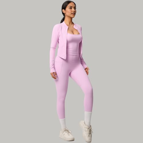 3-Piece Women’s Workout Set – Zip Jacket, Strappy Tank & High-Waist Pocket Leggings – Stretchy Outfit3
