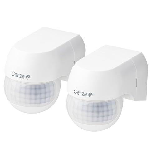 Garza -Pack 2 Mini Detector de movimimiento por Infrarrojos para Interior y Exterior, protección IP44, Tiempo y luminosidad Regulables, ángulo detección 180º, Blanco