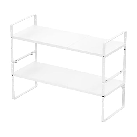 ARCCI 2 Piece Stackable Kitchen Counter Shelf Spice Rack, Extendable Cabinet Shelf Organizer for Kitchen Bathroom Sideboard Desk Home Office, Metallic White Cover
