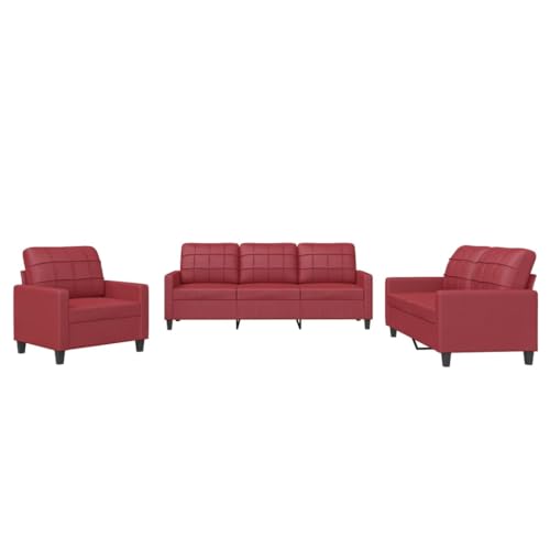 Qifoedo 3-TLG. Sofagarnitur Kunstleder Weinrot Ecksofa mit Sitzer & Rückenkissen Modernes Design Robustes Holz-Metall-Gestell für Living Room Balkon und Büro