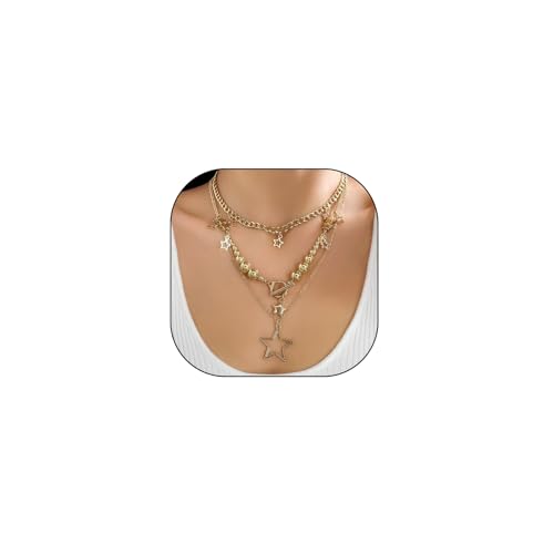 3Pcs Y2k Layered Star Pearl Necklace Sets for Women Teen Girls,14K Gold Link Chains Beaded Aesthetic Choker Necklace Party Prom Trendy Adjustable Jewelry