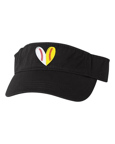 Go All Out One Size Black Visor Heart with Baseball & Softball Stitches Mom Embroidered Visor Dad Hat