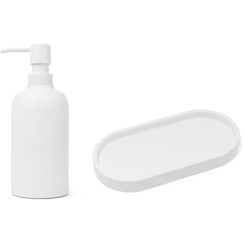 Yew Design Matte White Soap Dispenser for Bathroom, 15oz Round Rustproof Liquid Hand Dish Soap Dispenser Pump PLUS Matte White Round Soap Dispenser Tray, 8” Organizer Plate BUNDLE Cover