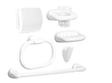 Conjunto completo de 6 accesorios para el cuarto de baño, de diseño moderno, prácticos, muy resistentes y de fácil mantenimiento, en plástico blanco brillante.