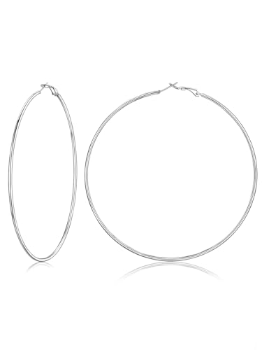 FOCALOOK Aros Finos Acero Inoxidable 316L Pendientes Medianos Mujeres 50mm 2mm Aretes Simples Hipoalergénicos Joyería de Moda