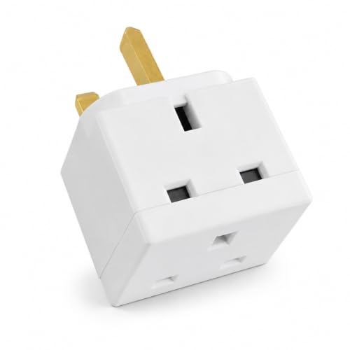 THE BELL 2 Way Adapter Plug UK 3 Pin Double Socket Wall Adapter Compact 13A Plastic & Metal Multi Plug 5 x 5cm Single Extension Cube For Home Travel Office White 1 Pack