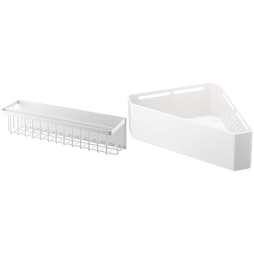 【セット買い】山崎実業(Yamazaki) マグネット バスルームバスケット ワイド ホワイト 約W44.3×D12.3×H12cm タワー 浴室ラック フック付き 奥行スリム 浮かせる収納 3769 + マグネットバスルームコーナー おもちゃラック ホワ