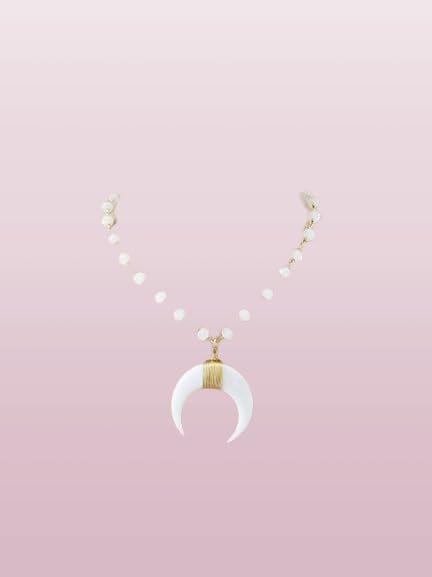 White Gold Crescent Horn Pendant Choker Necklace Rosary Beads Chain