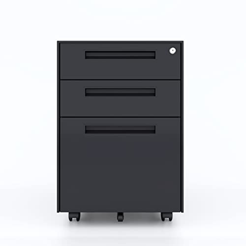 Washsemba 3 Drawer Mobile File Cabinet With Lock,Under Desk Metal Filing Cabinet For Legal/Letter/A4 File,Steel File Storage Cabinet For Home Office (Black) #TOP5