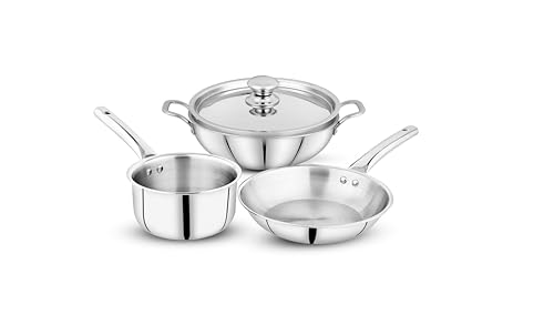 Image of Pigeon Trinity Triply Stainless Steel 4 Pc Cookware Set - Triply Kadai 2100ml with Common Lid | Fry Pan 1200ml | Saucepan 1700ml | ISI Certified.
