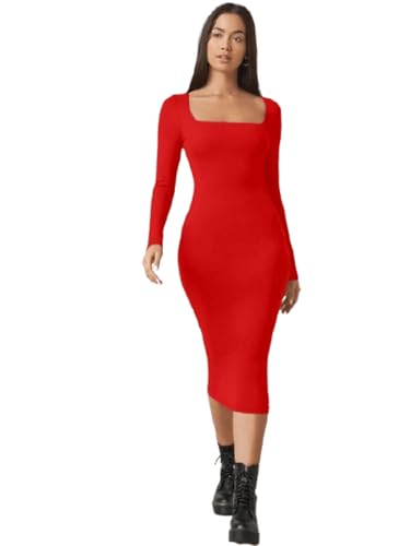 Image of Aahwan White Solid Square Neck Solid Midi Bodycon Dress for Women's & Girl's