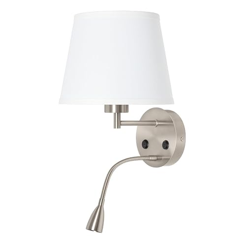 BarcelonaLed - Applique da parete E27 con faretto di lettura orientabile flessibile da 1 W, paralume in tessuto bianco, con 2 interruttore, per camera da letto, testiera del letto, comodino, salotto