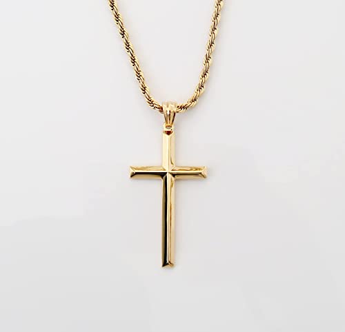 14K Gold Rope Chain Style Cross Pendant Necklace 3MM Cross Necklace Clasp for MEN, HUSBAND Thin for Charms Miami Cuban Link Diamond Cut Religious Beveled Edge3