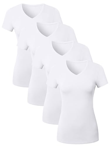 4 Pack Cotton Tee V Neck T Shirts for Women Short Sleeve Tshirt Basic Tees Ladies Plain Vneck...