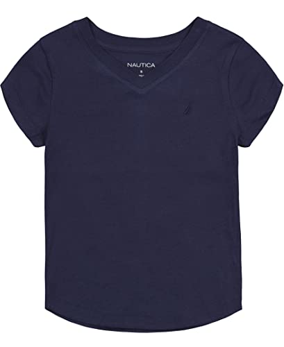 Image of Nautica Girls' Short Sleeve V-Neck T-Shirt, Solid Cotton Blend Tee with Tagless Interior