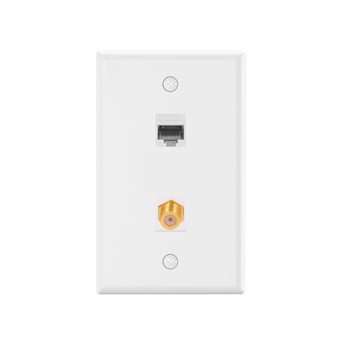 VCE 2-Port Ethernet Coax Wall Plate (UL Listed), Coax and Ethernet Wall Outlet with CAT6 Keystone Coupler and 3GHz Gold Plated Coaxial Keystone Jack Insert