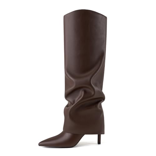 Image of Vaslemuse Womens Fold Over Knee High Boots Pointed Toe Sexy Slouch Boots | Slouchy long boots, Stiletto high heels, Closed toe, Sping fall boots, High heel boots, Side zipper