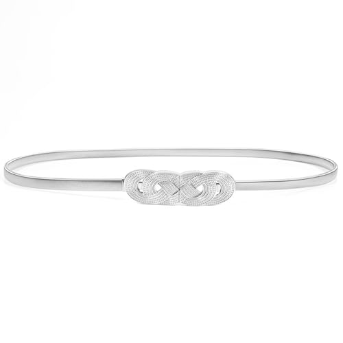 Kawailay Cinturón elástico de metal delgado con cadena de metal, cintura elástica para vestido, estilo plateado 2, plateado, (Silver Style 2), talla única