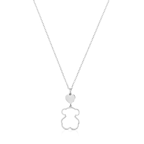 TOUS Collar de Plata de Primera Ley para Mujer con Colgante de Oso de 19 mm y Corazón de 8.6mm, 45 cm de Largo, Elegante y Versátil, Colección Silueta
