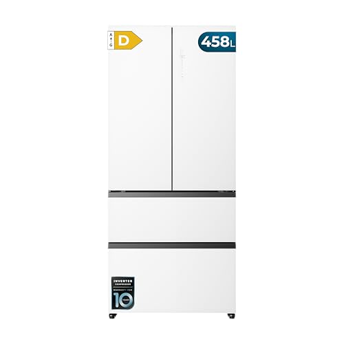 Cecotec Réfrigérateur Porte Française No Frost 458L Bolero CoolMarket F2D 458 SBI Matt White Glass D. 190,5 cm Hauteur, 83 cm Largeur, Classe D, MetalFlex...