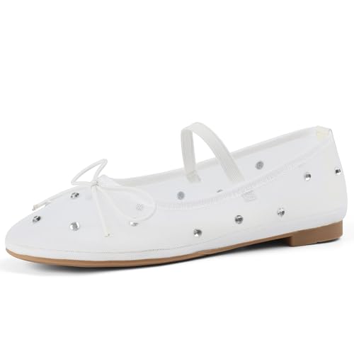 Mesh Ballet Flats for Women Crystal Rhinestone Mary Jane Shoes Comfortable Round Toe Ballerina Flats with Stretch Strap Trendy