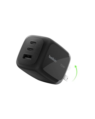 Image of Belkin 3-Port USB C Charger Block 70W, Multi-Port GaN Wall Charger w / 2X USB C Ports & 1x USB A Port, Fast Charging for MacBook, iPhone 17, iPad Pro, Samsung Galaxy S26, Google Pixel 10, & More