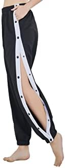 Women's Snap Button Track Pants Full-Open Side Button Pants with Pockets Black-White