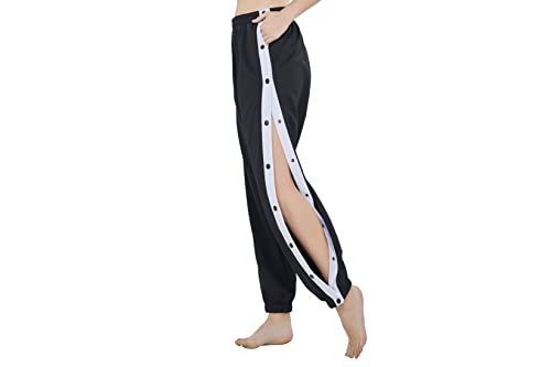 Women's Snap Button Track Pants Full-Open Side Button Pants With Pockets Black-White #TOP19