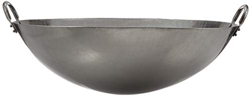 JADE TEMPLE Wok aus Carbonstahl, mit rundem Boden und 45 cm Durchmesser, mit Doppelgriff, Grau