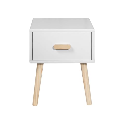 Rebecca Mobili Comodino per Cameretta, Comodino per Bambini, Bianco Marrone, MDF Pino, con 1 Cassetto, Stile Scandinavo - Misure HxLxP: 44 x 35 x 35 cm - Art. RE6978