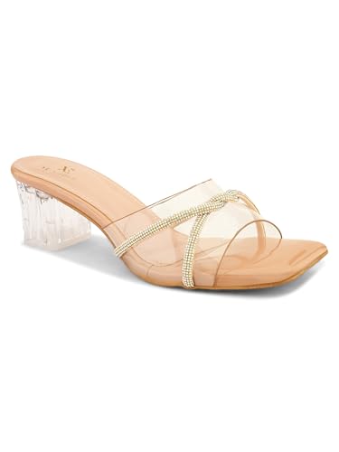Image of XE Looks Patent Block Heels with Transparent Straps | Rhinestone Embellished Upper | Stylish Square Toe Sandals | Glossy Block Heels for Girls