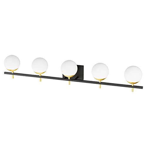 Image of Ralbay Mid Century Modern Bathroom Vanity Light Fixture 5 Light Milky Glass Globe Modern Bathroom Light Fixture Over Mirror, Black /Golden 5 Light