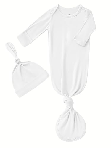 Bow Dream Rayon Bamboo Newborn Baby Boys Knotted Gown Sleeper Solid Color Jumpsuit with Matching Bonnet